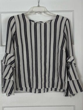 Purple Rain Blue & White Striped Ruffle Sleeve Top